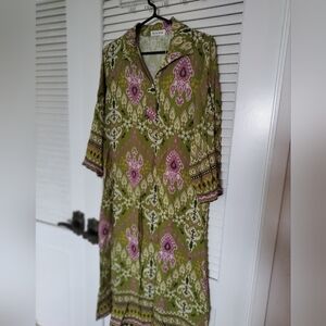 New Collection 100% Viscose Green Pink Paisley Print Dress Made In Italy Size M